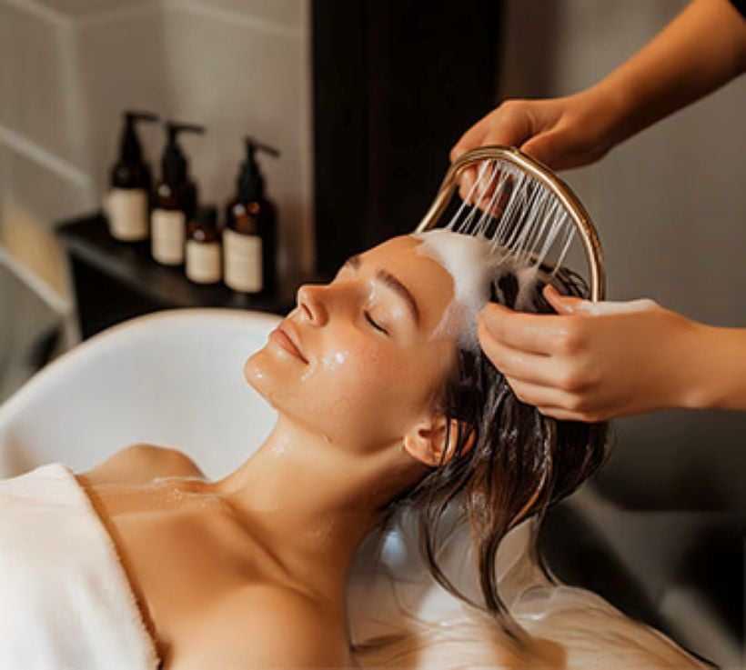 Woman relaxing during a soothing shampoo treatment in a spa-like setting.