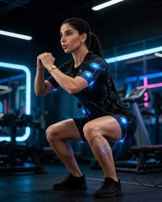 Woman in a gym doing squats with electro muscle stimulation gear.